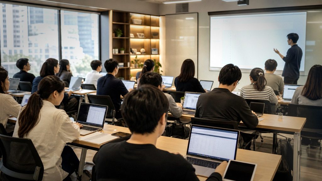 바이브코딩 학원 강의실에서 노트북으로 실습하는 수강생들