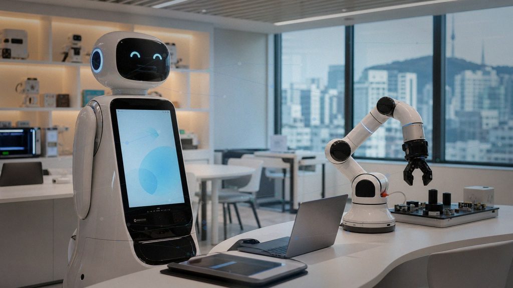 바이브코딩의 미래를 상징하는 AI·로봇 사무실 풍경